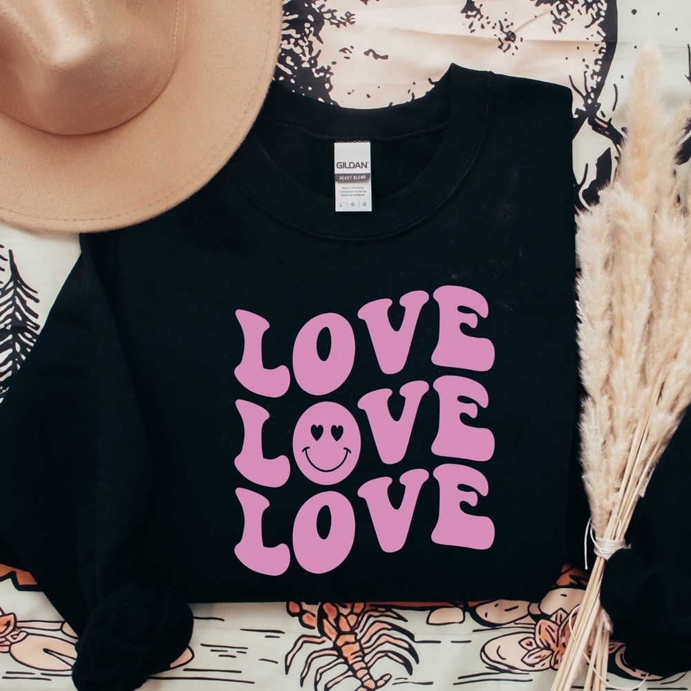 Graphic “Love Love Love” Crew Neck Long Sleeve Sweatshirt